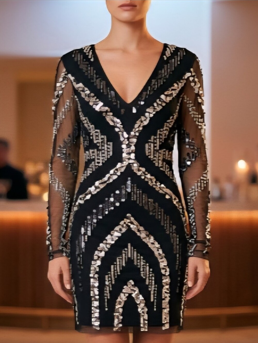Elegant Black Sequin V-Neck Sheer Sleeve Dress